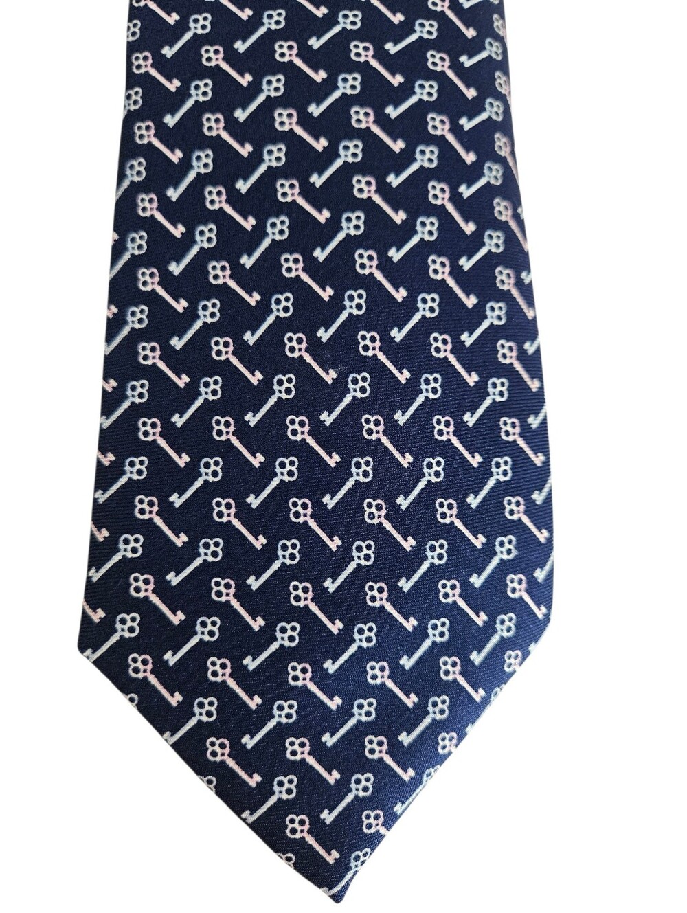 BATTISTONI Roma 100% Silk Tie Navy Blue Pink Cream Antique Key Pattern BAT 1056